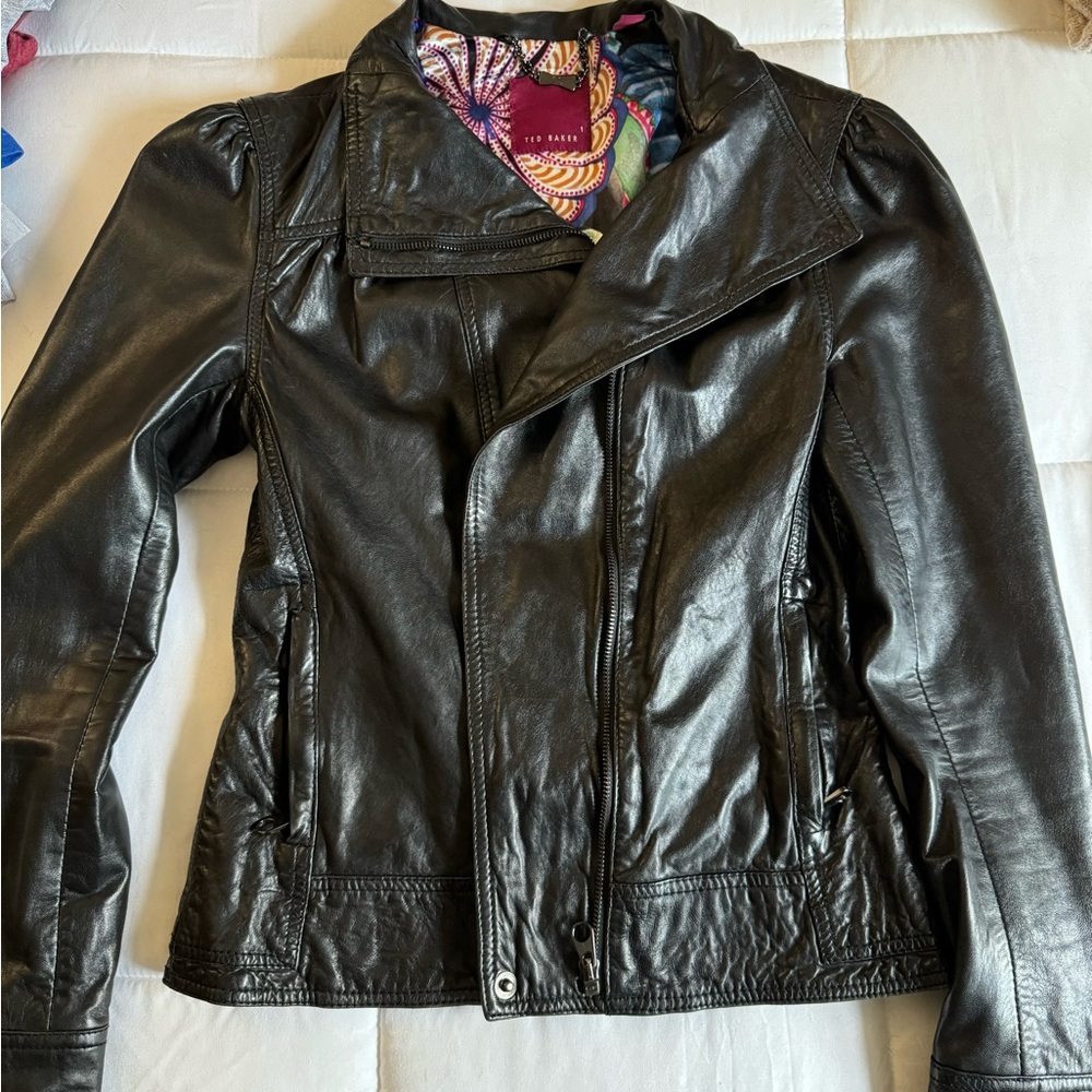 Ted Baker leather jacket with colorful lining